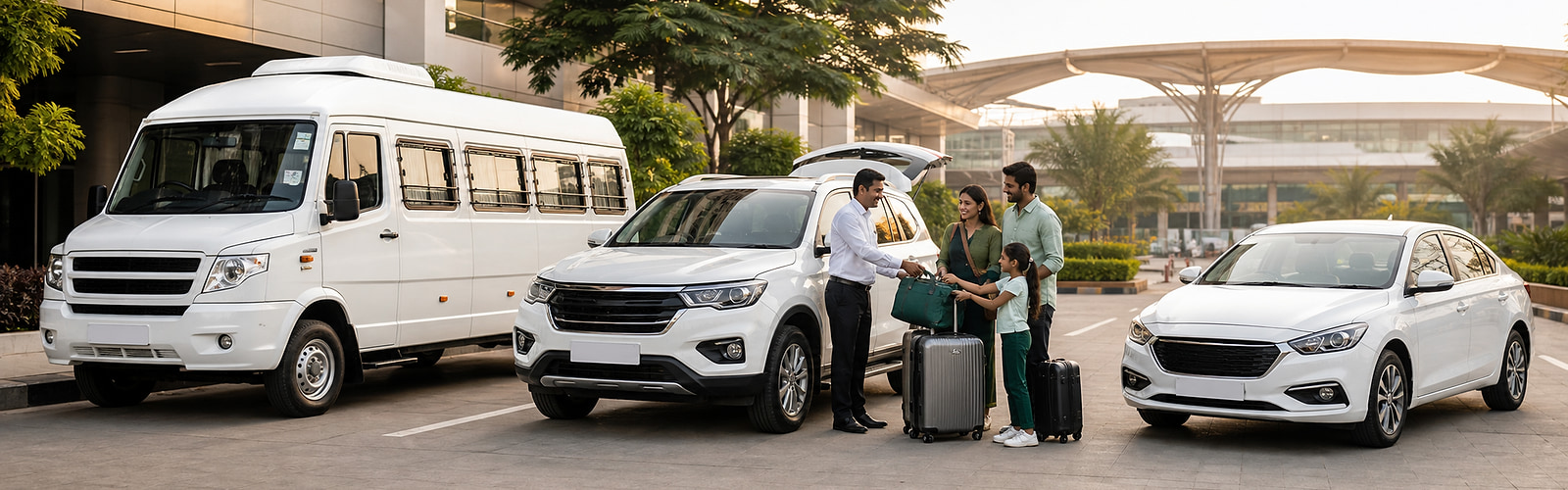 Fayzul Tours and Travels team welcoming a family with a Tempo Traveller, SUV and sedan